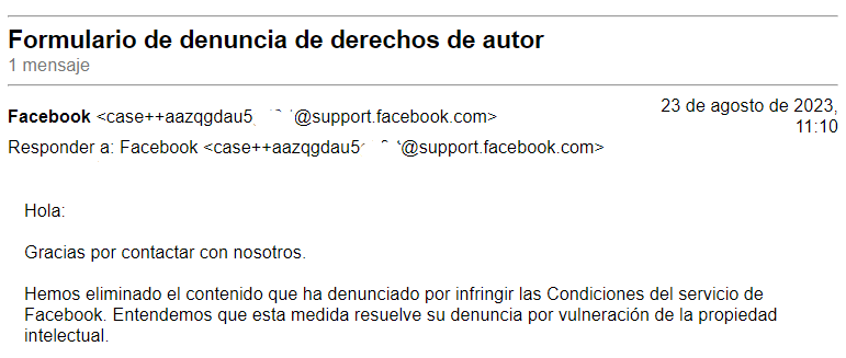 Contenido eliminado por Derechos de Autor en Facebook