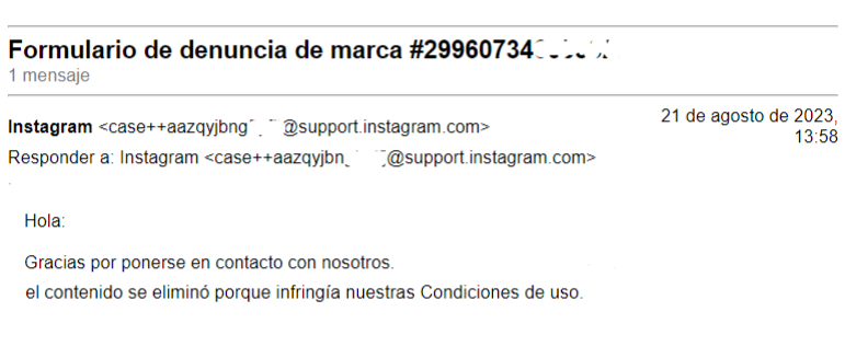 Contenido eliminado por Difamación de Empresa en Instagram